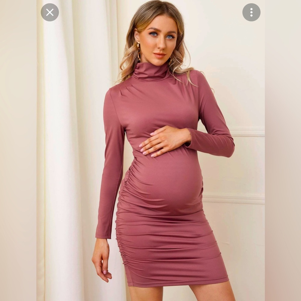 (SOLD) WORN ONCE - Beautiful High Neck Ruched Bodycon Maternity Dress